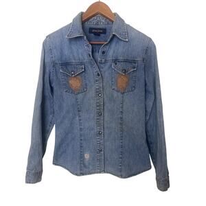 Guess Jeans Fitted Snap Front Denim Shirt Women’s Sz Small Medium Blue Crochet